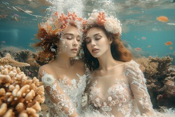 Naklejka premium Fashion shoot underwater with models dressed as mermaids among coral reefs, capturing a fantasy aquatic world.