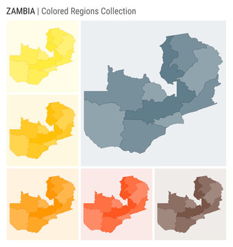 Zambia map collection. Country shape with colored regions. Blue Grey, Yellow, Amber, Orange, Deep Orange, Brown color palettes. Border of Zambia with provinces for your infographic.