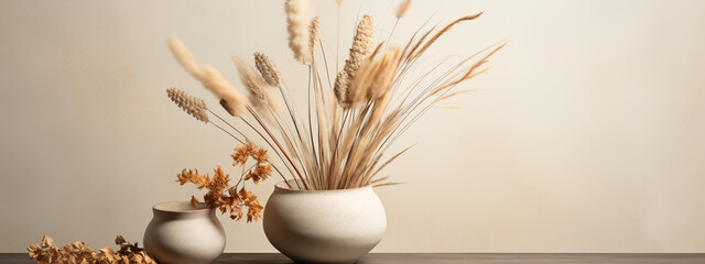 Harvest-Themed Floral Arrangement with Pampas Grass in Ceramic Vases