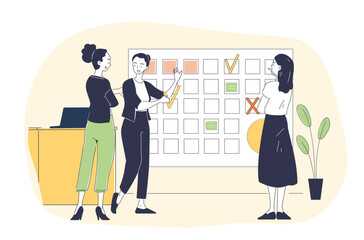 People with deadline simple. Women with calendar. Planning and scheduling. Time management and organization of efficient work process. Doodle flat vector illustration isolated on white background