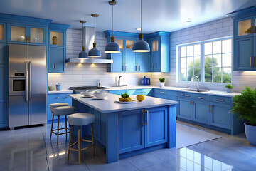 Blue Kitchen Interior with Island, Stylish Design, White Countertops