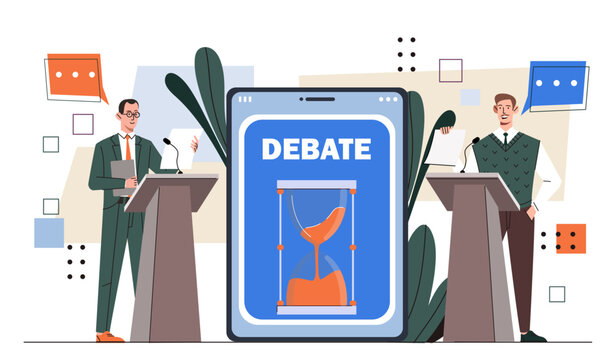 Political debates concept. Two men speakers with microphones. Candidates with preelection campaign. Election to government. Cartoon flat vector illustration isolated on white background