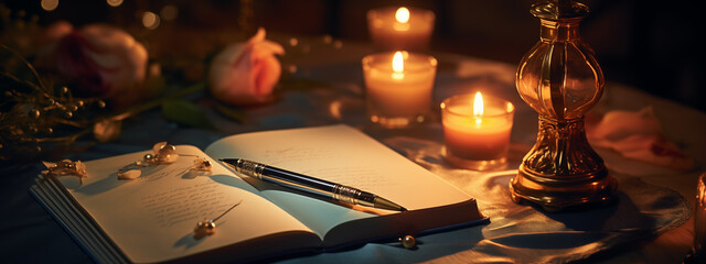 Candlelit Writing Scene with Antique Ink Bottle and Open Book - obrazy, fototapety, plakaty