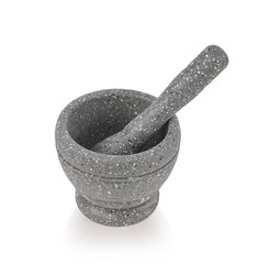 Stone pattern mortar with pestle on white background.