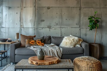 A living room with concrete walls, gray sofa and wooden coffee table. The wall is covered in grey concrete panels tiles