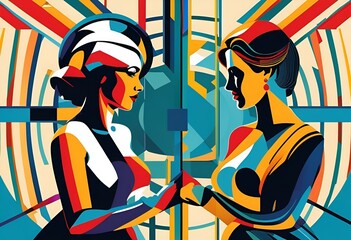 illustration of two women looking at each other in pop art style, lgbt, lesbian