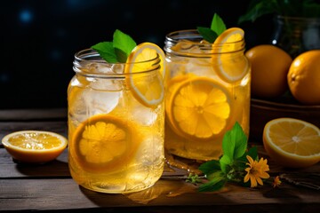 Refreshing homemade summer lemonade with lemon slices and ice in rustic mason jars - obrazy, fototapety, plakaty