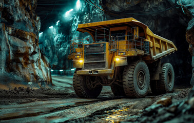 Mining Dump Truck in Underground Mine Tunnel
