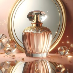 luxury Perfume glass bottle mockup. Pink transparent perfume spray bottles, bronze caps isolated on light pink luxury modern display background for product advertising and marketing ai generate