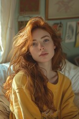 Fototapeta premium Red haired woman lies on bed, exuding comfort and relaxation, wearing yellow sweatshirt, with calm expression
