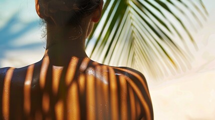 Woman seen from behind with palm tree shadow on her back generative ai - obrazy, fototapety, plakaty