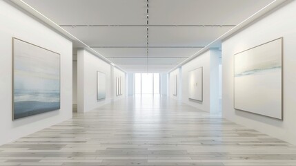 Art gallery with mock-ups of paintings displayed on white walls in minimalist style