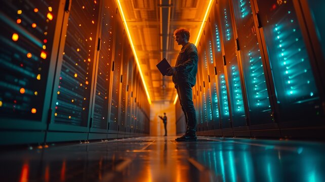 people working analising data from hardware, in a technological facility