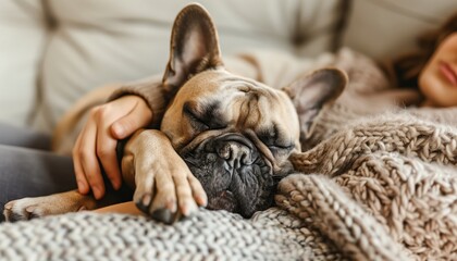 Portrait of French Bulldog sleeping with owner on sofa, Pet and owner concept.