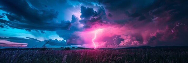 Neon lightning strike with vibrant shades of blue, purple and pink streaking across the sky