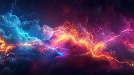 Pure power and beauty of a bright lightning strike in neon colors - obrazy, fototapety, plakaty