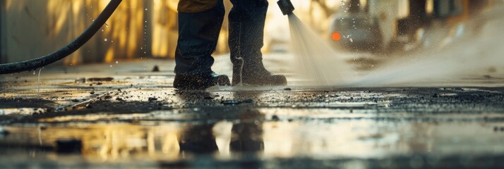 Man operating high pressure water jet and vigorously cleaning sidewalk and driveway