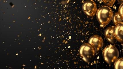 Falling confetti and shimmering golden balloons on a dark black background