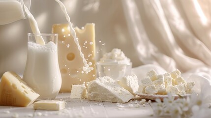 Assortment of dairy products, including milk, cheese, yogurt and butter, on a soft light background