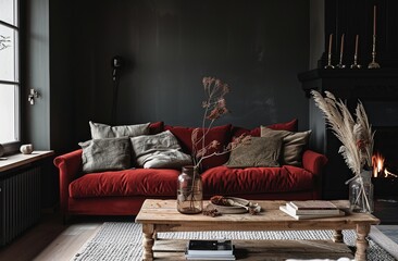 A living room with dark walls, featuring an oak sofa in the style of red velvet and grey cushions
