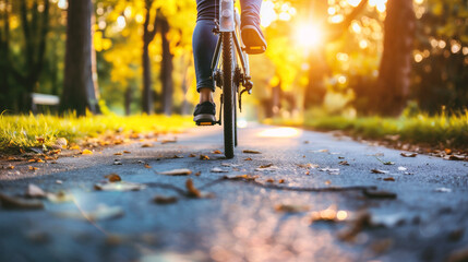 Close up of young woman riding a bicycle in the park at sunset - obrazy, fototapety, plakaty