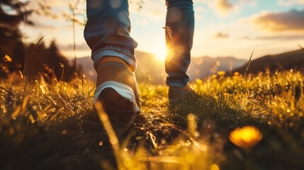 legs in sneakers on a background of green grass and sunset.