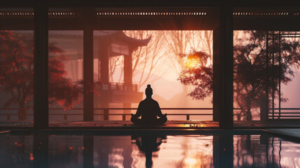 Silhouette of a man meditating in a lotus position - obrazy, fototapety, plakaty
