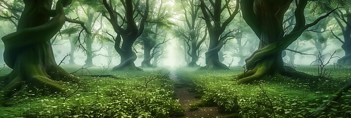 Enchanted Forest Path, A Veil of Mist and Sunlight, Whispering Tales of Autumn Magic and Mystery