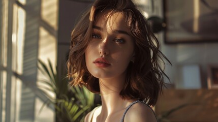 Obraz premium young woman posing at the camera on a sofa generative ai