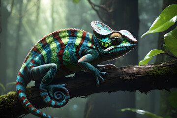 Colorful chameleon at night in the jungle. A lizard sitting on a tree with a long tail. - obrazy, fototapety, plakaty