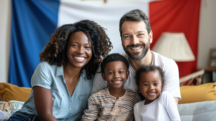 Diversity In French Family With French Black Mom, French Dad and Their Mixed Daughter and Son. The French Flag Is In Background