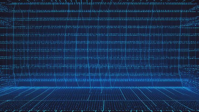 Motion graphic of Blue data matrix simulation digital line and grid technology with futuristic HUD screen on blue background and vertical video abstract background concept