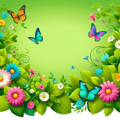 Fototapeta na wymiar This vector illustration depicts a picturesque spring background with flowers and butterflies, designed for World Earth Day promotions.