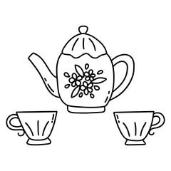 Tea set. Two cups of tea and teapot with flowers print. Beautiful decorated service, vintage crockery. Black and white vector isolated illustration hand drawn doodle. Secular tea drinking