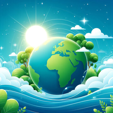 A visually appealing image of an earth globe covered in green leaves, complemented by a shining sun. Use it as a background for World Earth Day posters or banners.