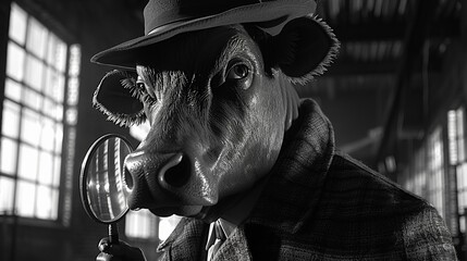 Detective cow solving a farm mystery, noir film style, in a shadowy barn with a magnifying glass, intelligent and curious - obrazy, fototapety, plakaty