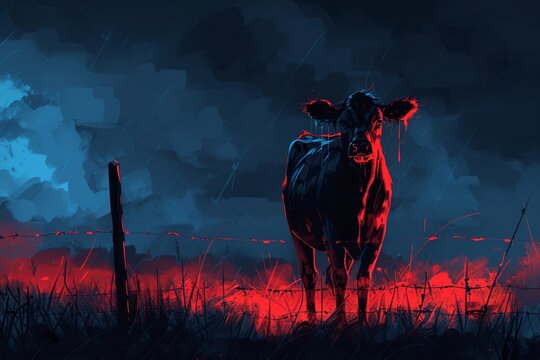 Ghost cow haunting a country field, eerie and atmospheric art style, in a foggy rural landscape at night, spooky and intriguing