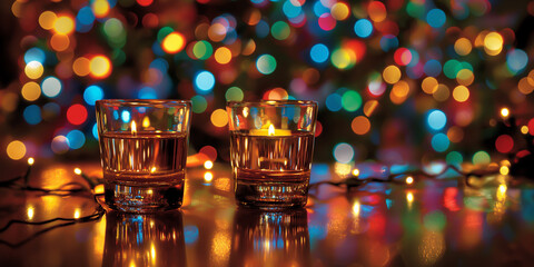 Glasses of tequila with Christmas lights on bokeh background, Glasses of tequila with christmas lights on bokeh background, Two glasses of tequila and christmas lights on bokeh background