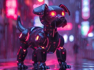 Robot dog in a futuristic city, sleek and modern CGI, neonlit urban skyline, hightech and futuristic atmosphere