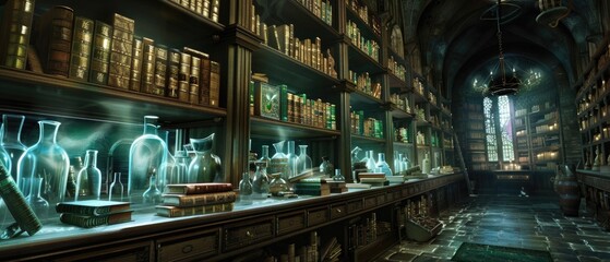 Step into a scene straight from a dark academia dream shelves lined with ancient leatherbound books and sporadic potion bottles - obrazy, fototapety, plakaty