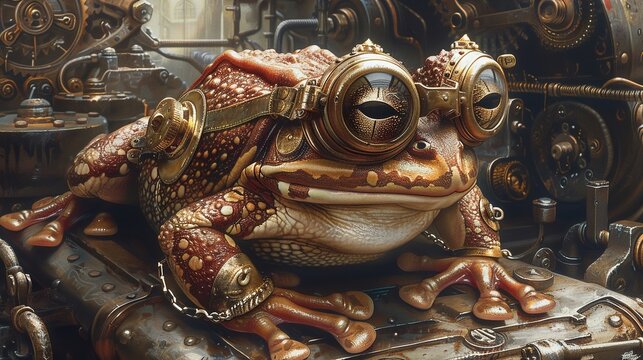 Steampunk frog with goggles and gears, intricate steampunk illustration, amid steampowered machinery, inventive and detailed