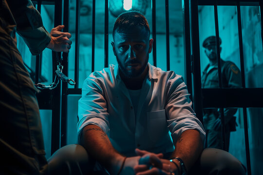 A dejected man handcuffed in a prison cell with an officer outside
