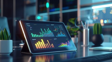 Innovative Technology Concept: 3D Graphs and Charts Emerging from a Sleek Tablet on a Minimalist Desk, Highlighting Data Analysis and Business Intelligence in a Modern Office Environment