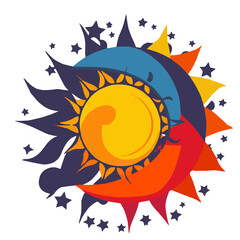 Colorful sun and moon with sun and moon in center, png