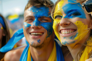 Obraz premium A man and a woman are wearing blue and yellow face paint and smiling. They are posing for a picture