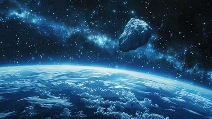 Asteroid approaching Earth against the backdrop of a starry sky