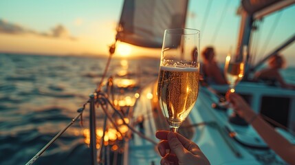 Traveling and yachting concept, Group of friends having fun together and drinking champagne