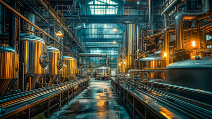Atmospheric Brewery Corridor with Stainless Steel Tanks and Pipes
 - obrazy, fototapety, plakaty