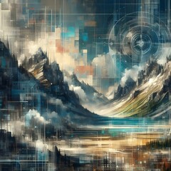 Abstract textured natural landscape with geometric shapes, lines and grids in blue and white overlaying a dramatic mountain range surrounded by clouds and a river in between