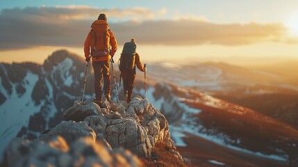 Two people have conquered a mountain peak	
 - obrazy, fototapety, plakaty